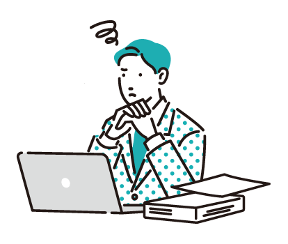 パソコンの前で悩む男性のイラスト