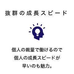 抜群の成長スピード 個人の裁量で働けるので個人の成長スピードが早いのも魅力。