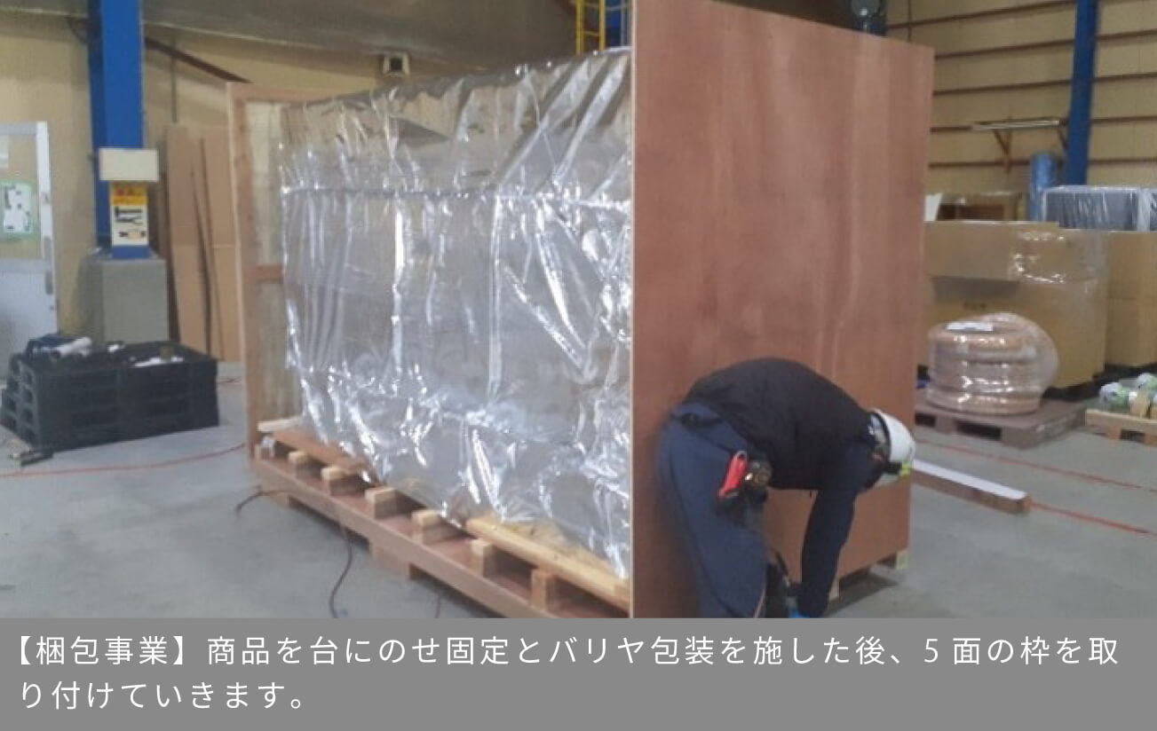 【梱包事業】商品を台にのせバリヤ包装、商品保護のための養生を施した後、枠を取付けていきます。