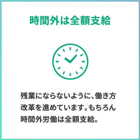 残業代1分単位支給。残業にならないように働き方改革を進めています。もちろん時間外労働は全額支給。
